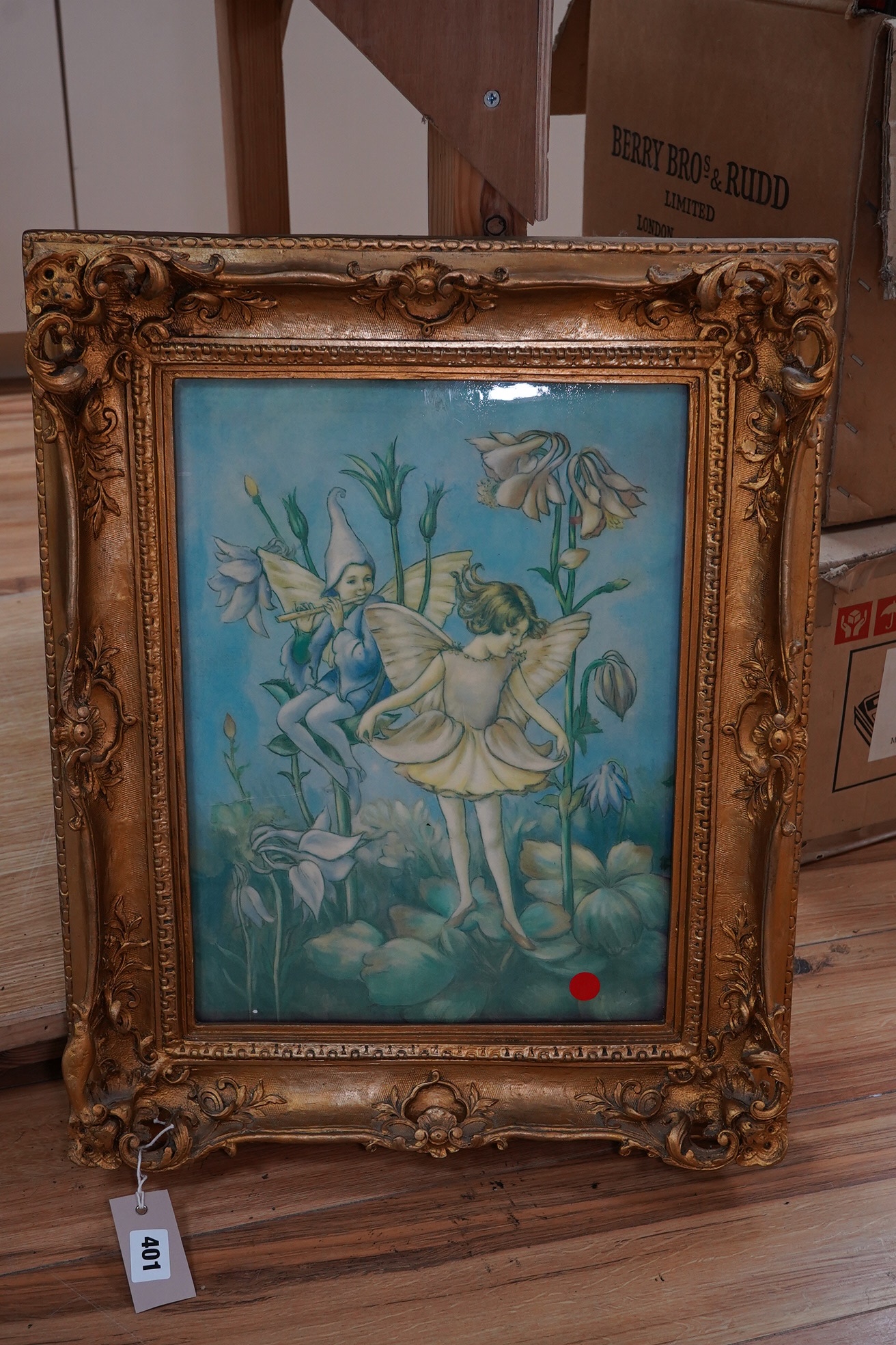 After Margaret Tarrant (1888-1959), a framed porcelain plaque depicting fairies, 39 x 29cm, ornate gilt frame. Condition - good